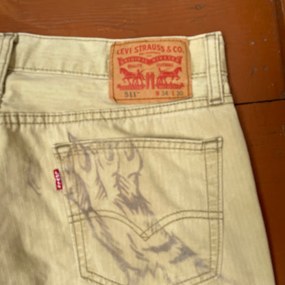Custom Levi’s Tiger Print Jeans – Beige/Khaki with Bold Artwork | 1 of 1 Reworked