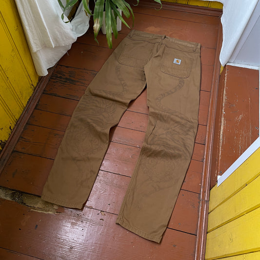 Custom Carhartt Tiger Print Pants – Brown with Hand-Applied Artwork | 1 of 1 Reworked