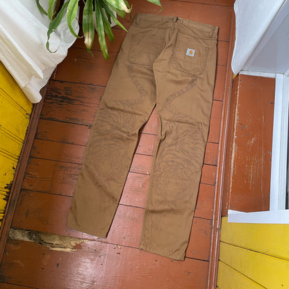 Custom Carhartt Tiger Print Pants – Brown with Hand-Applied Artwork | 1 of 1 Reworked