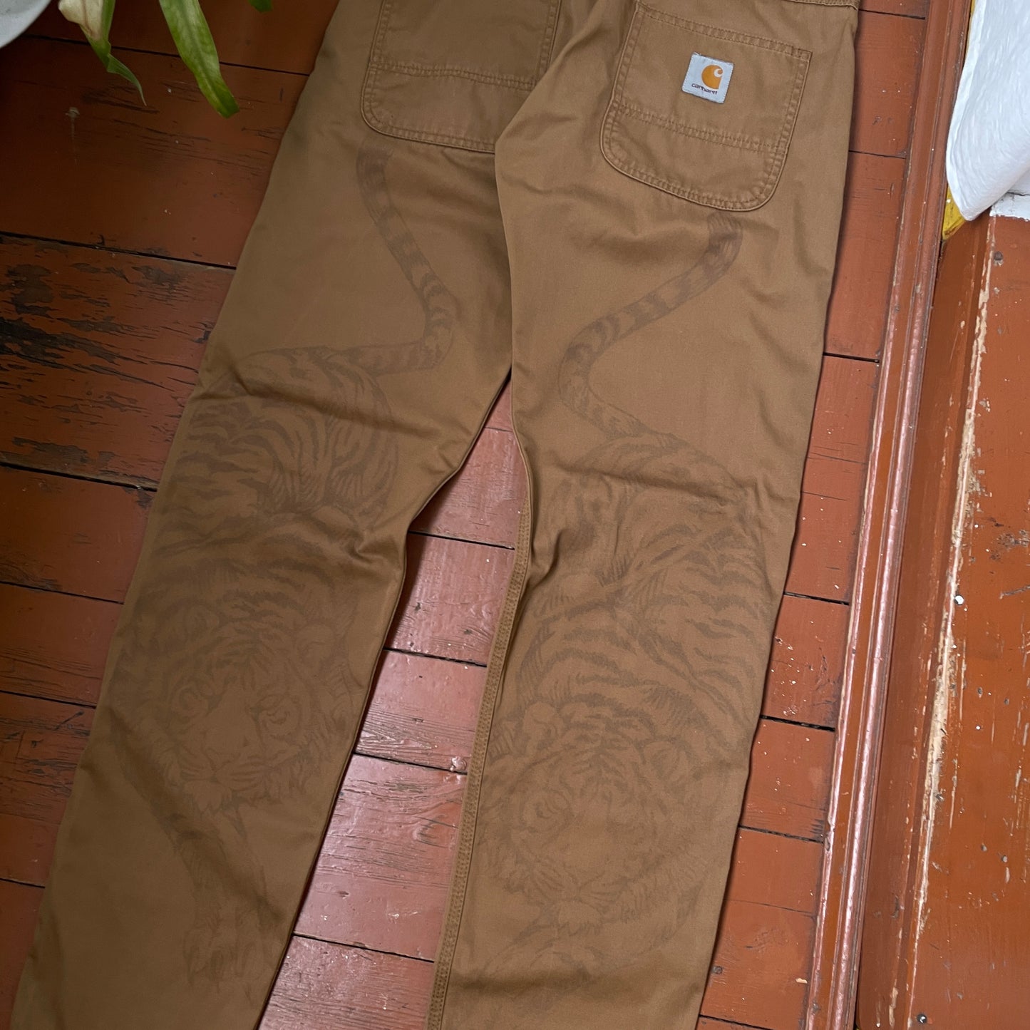 Custom Carhartt Tiger Print Pants – Brown with Hand-Applied Artwork | 1 of 1 Reworked