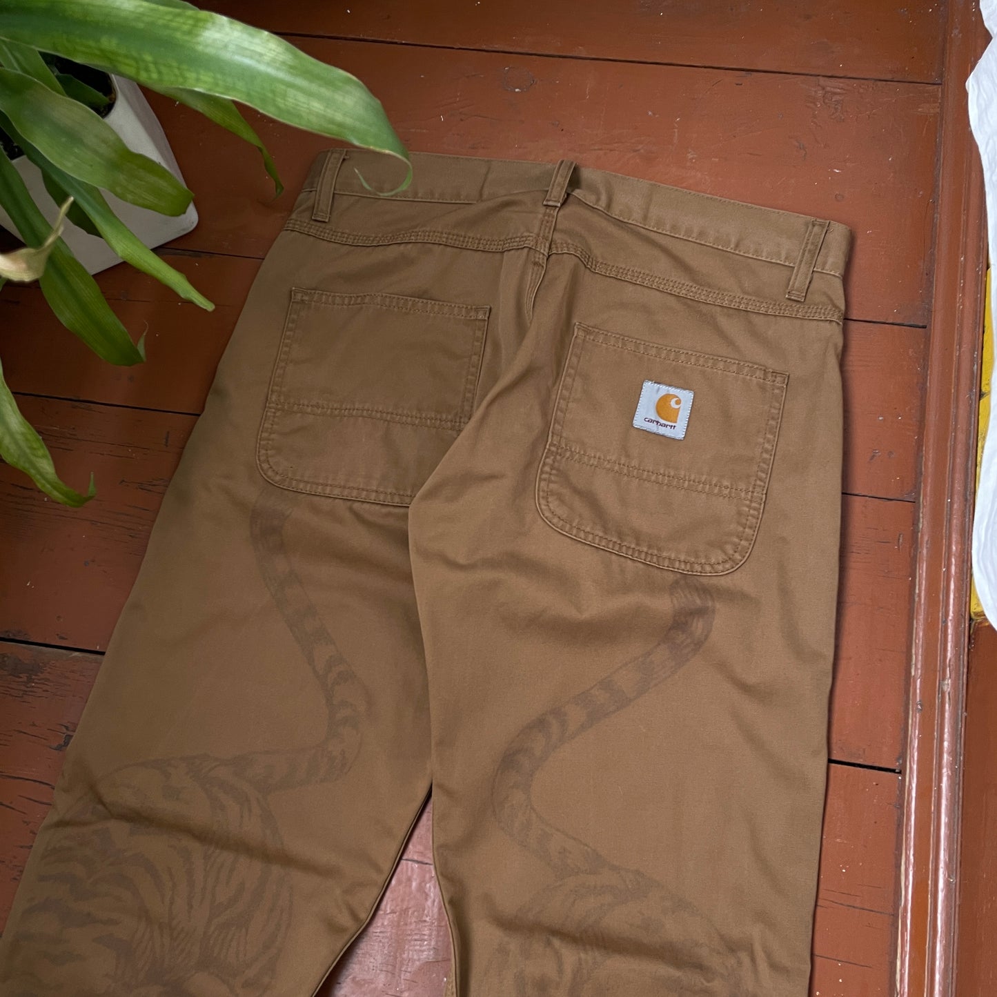 Custom Carhartt Tiger Print Pants – Brown with Hand-Applied Artwork | 1 of 1 Reworked