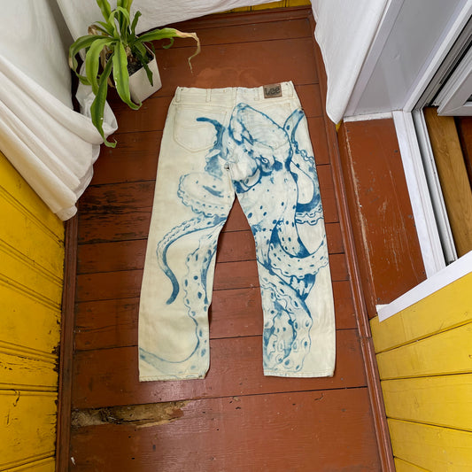 Custom Lee Octopus Jeans – Hand-Faded Blue Octopus Art | Vintage 1 of 1