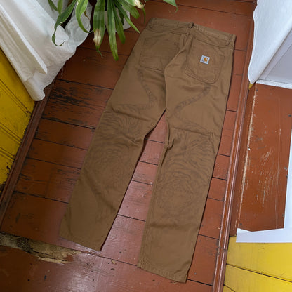 Custom Carhartt Tiger Print Pants – Brown with Hand-Applied Artwork | 1 of 1 Reworked