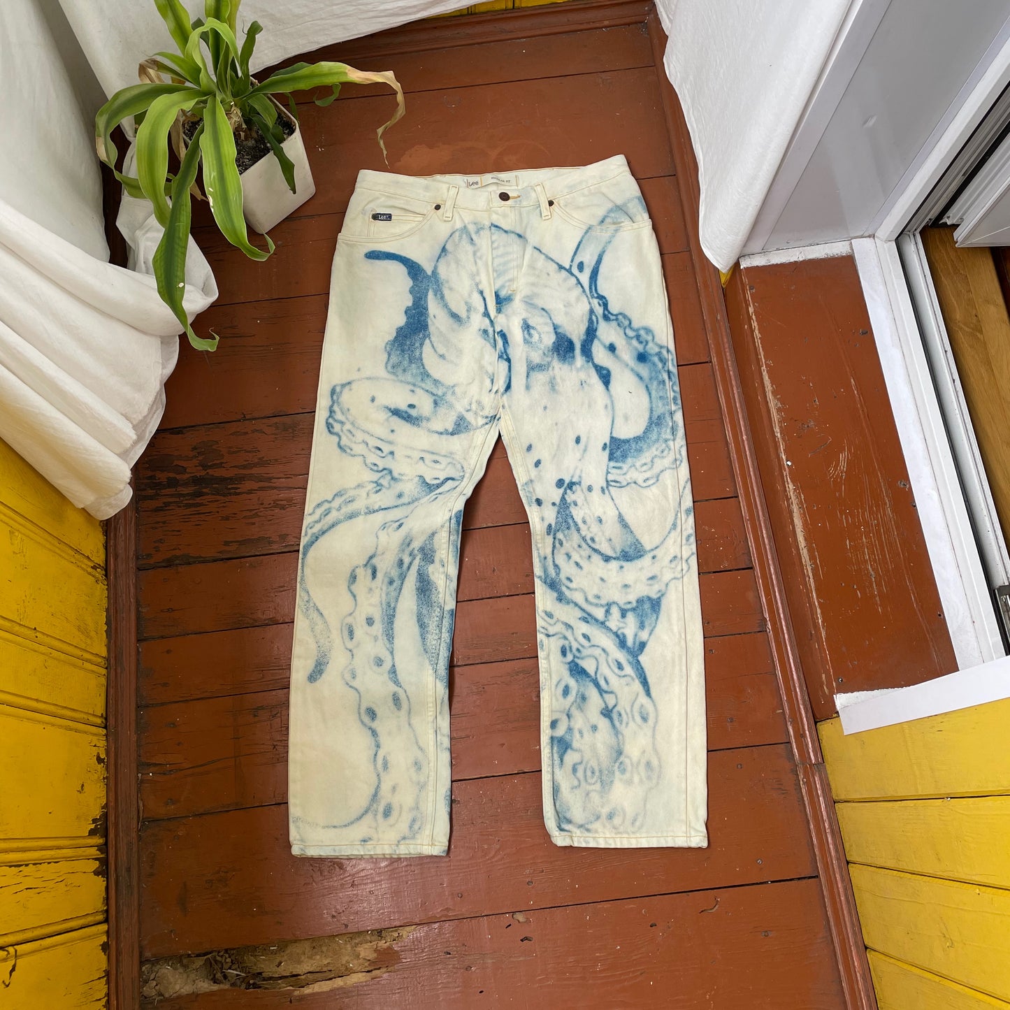 Custom Lee Octopus Jeans – Hand-Faded Blue Octopus Art | Vintage 1 of 1