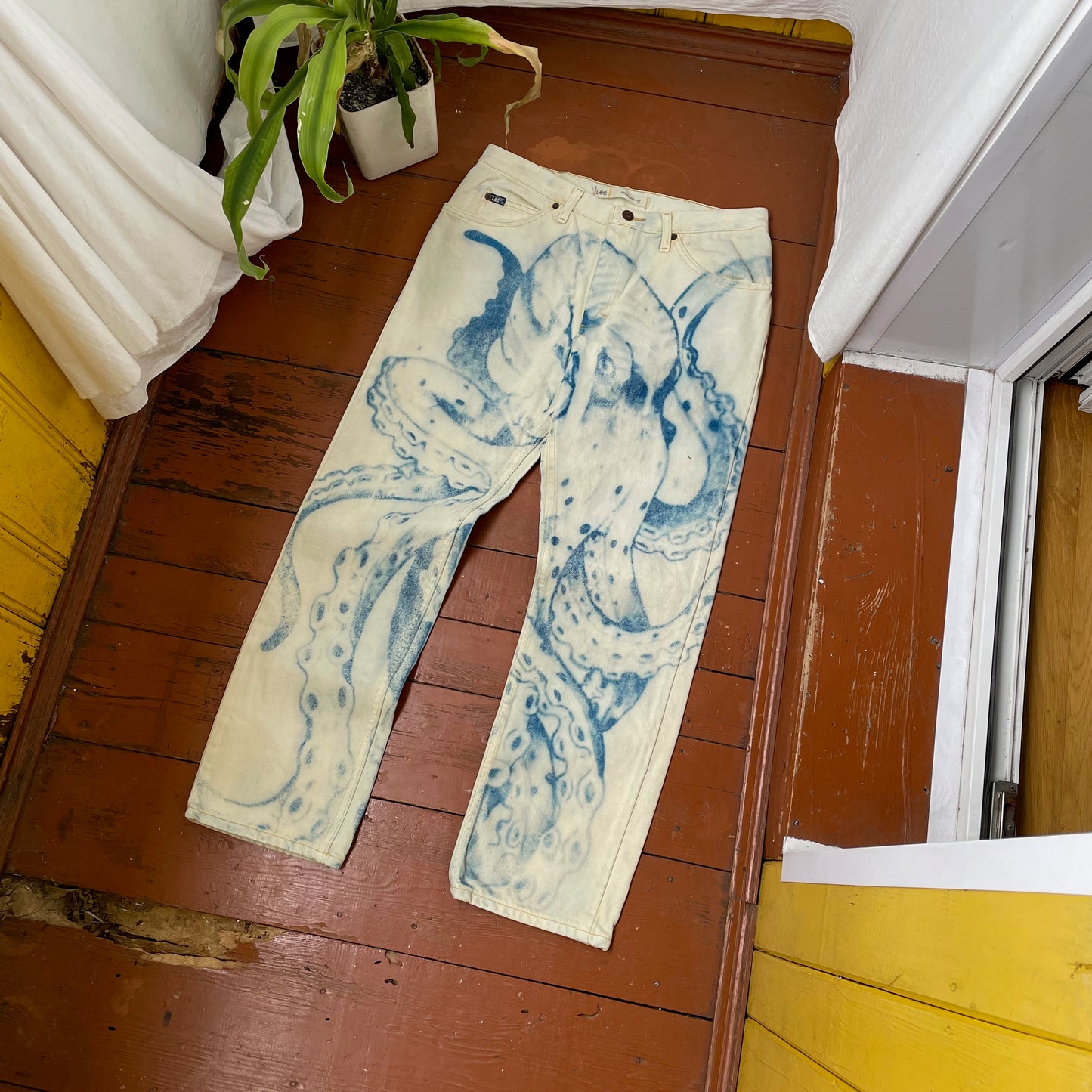 Custom Lee Octopus Jeans – Hand-Faded Blue Octopus Art | Vintage 1 of 1