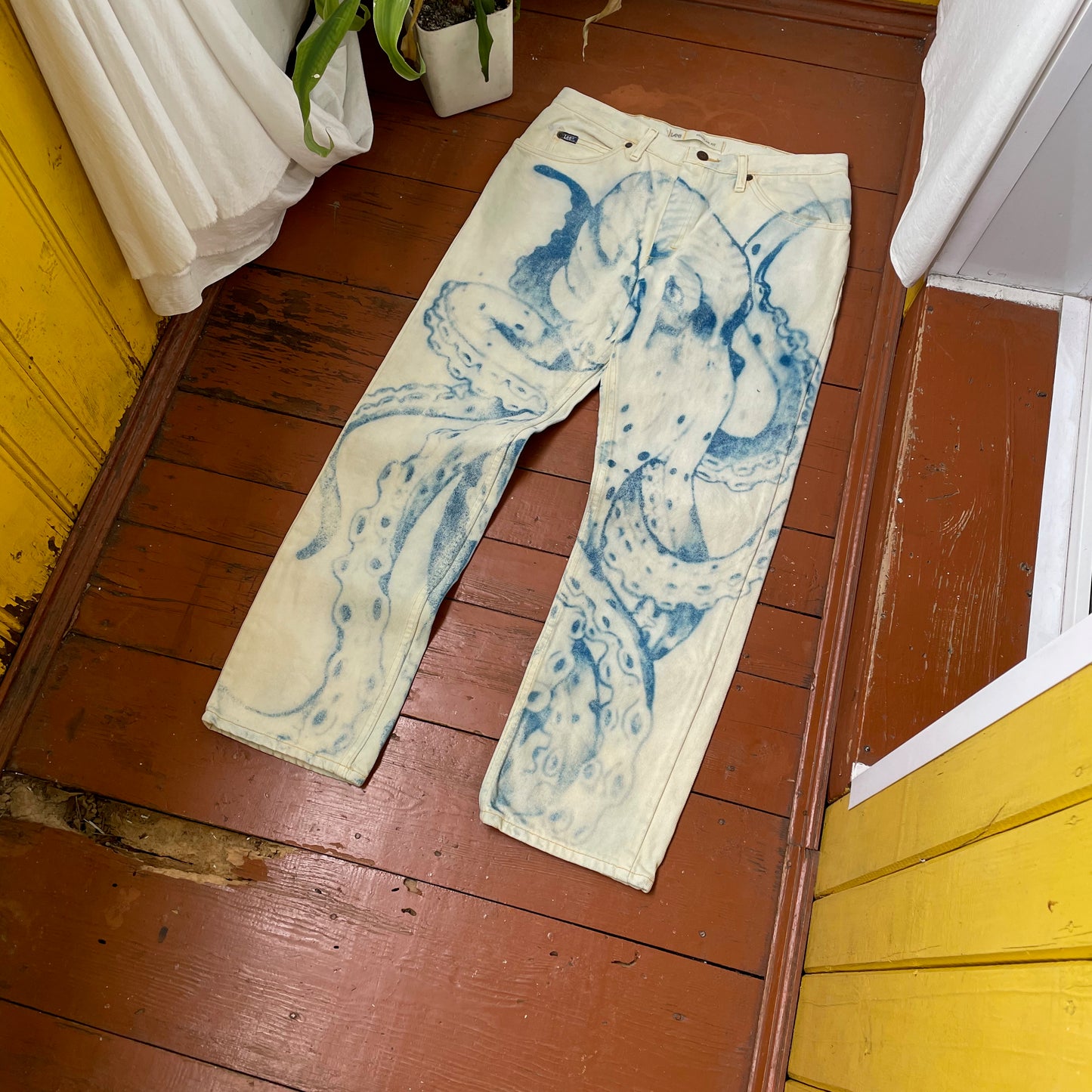 Custom Lee Octopus Jeans – Hand-Faded Blue Octopus Art | Vintage 1 of 1