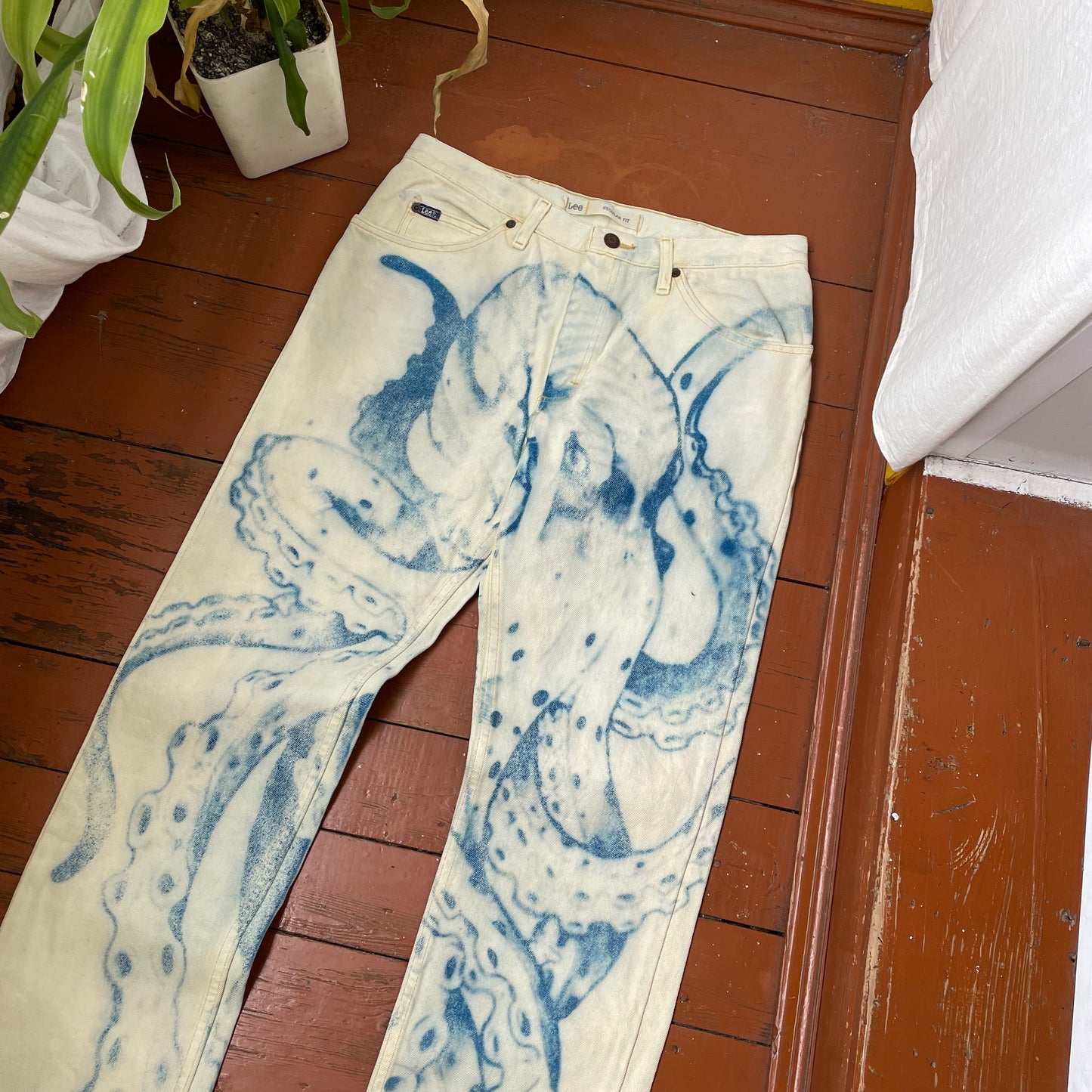 Custom Lee Octopus Jeans – Hand-Faded Blue Octopus Art | Vintage 1 of 1