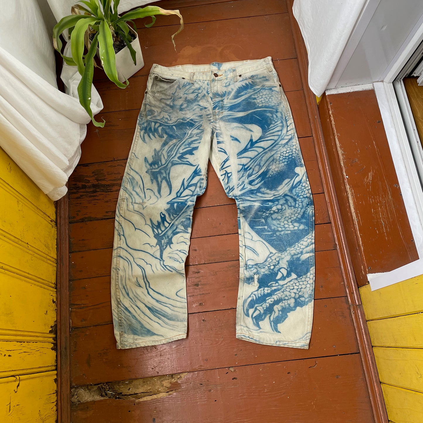 Custom Dickies Dragon Jeans – Hand-Faded Blue Japanese-Style Art | Vintage Workwear 1 of 1