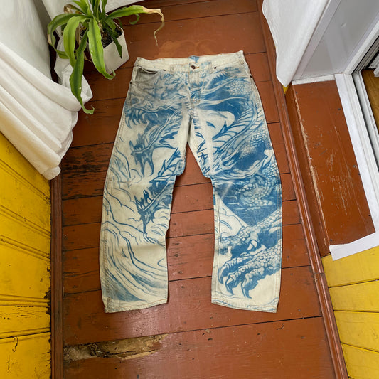 Custom Dickies Dragon Jeans – Hand-Faded Blue Japanese-Style Art | Vintage Workwear 1 of 1
