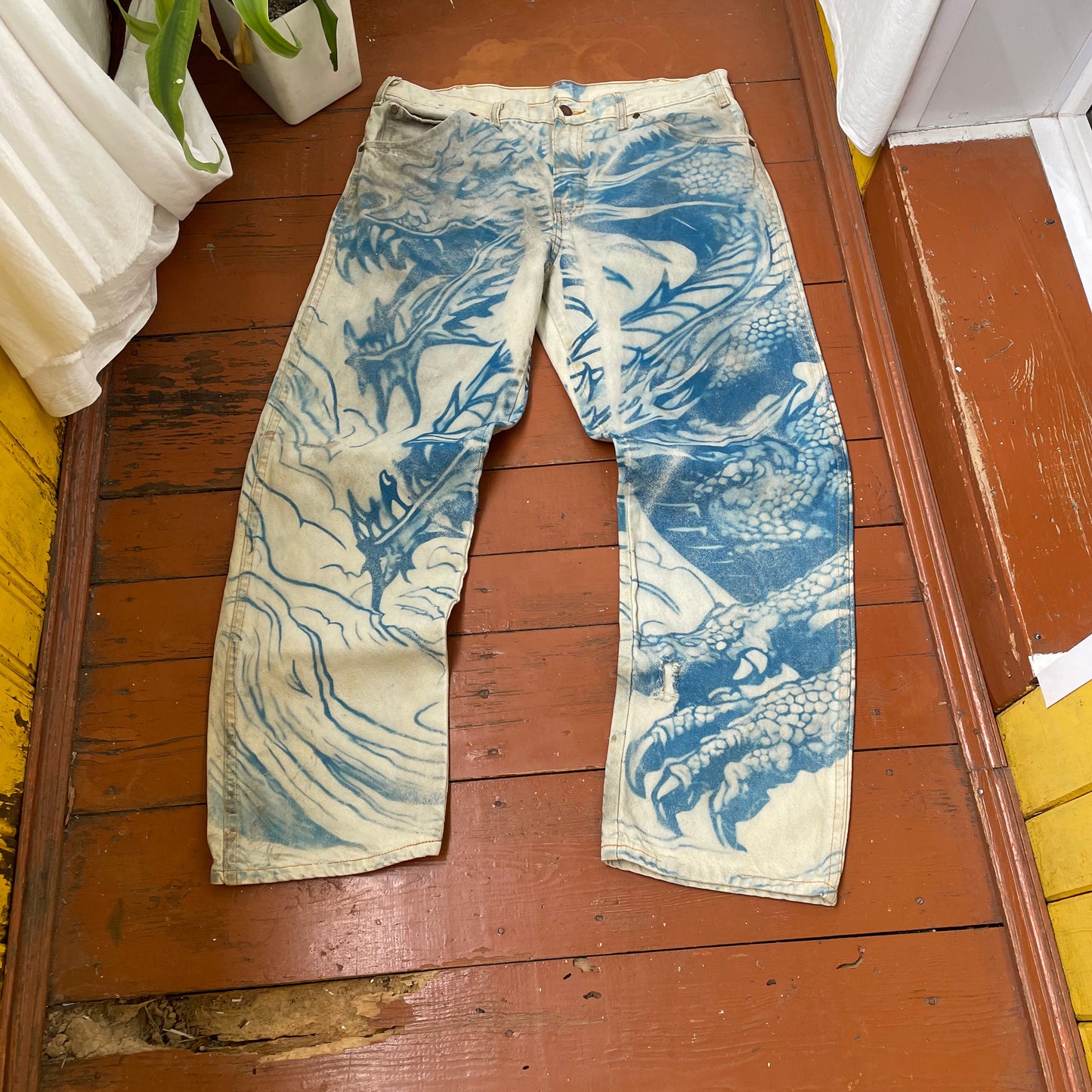 Custom Dickies Dragon Jeans – Hand-Faded Blue Japanese-Style Art | Vintage Workwear 1 of 1