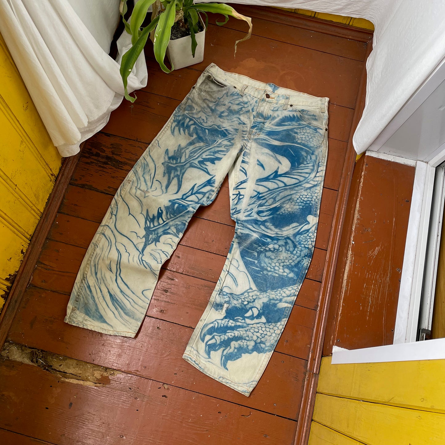 Custom Dickies Dragon Jeans – Hand-Faded Blue Japanese-Style Art | Vintage Workwear 1 of 1