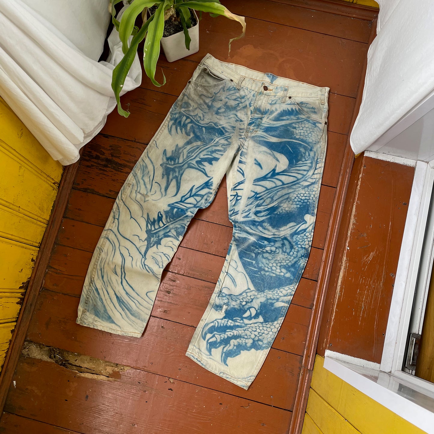 Custom Dickies Dragon Jeans – Hand-Faded Blue Japanese-Style Art | Vintage Workwear 1 of 1