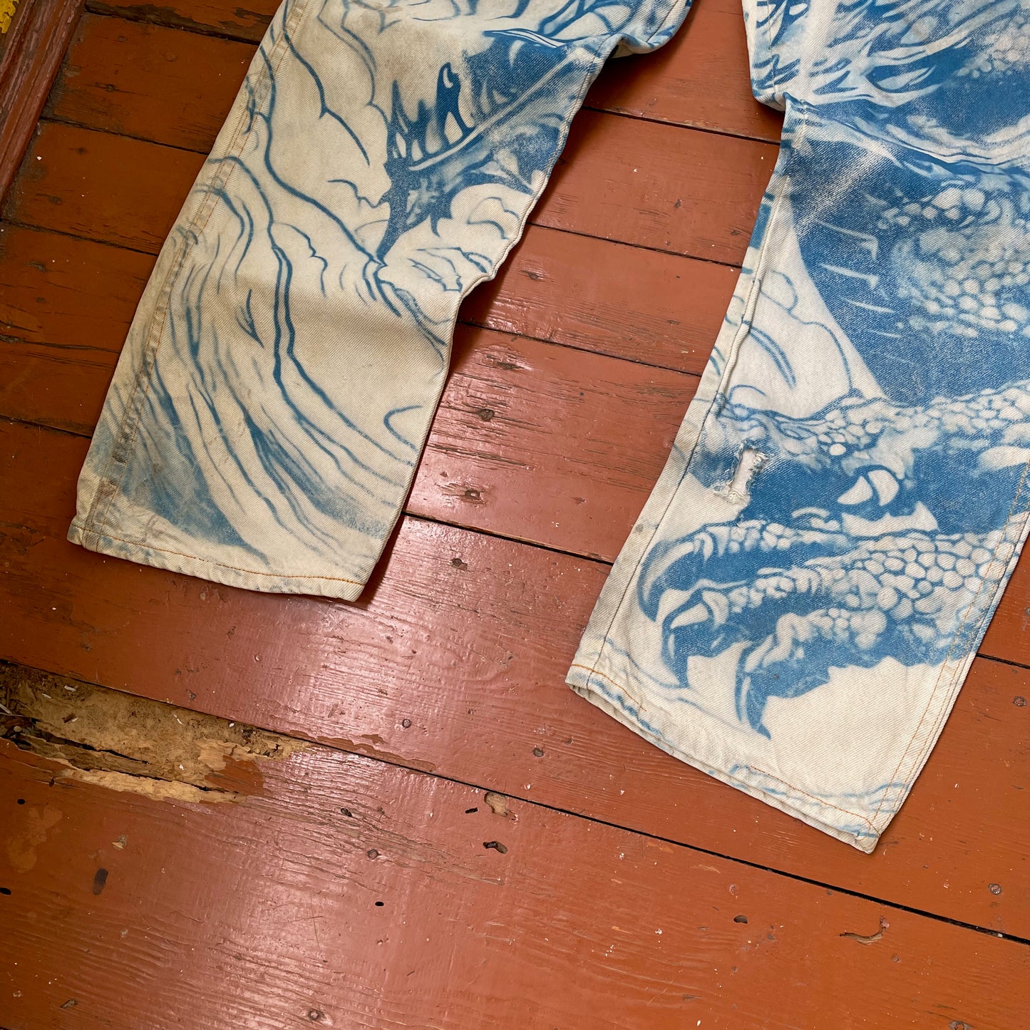 Custom Dickies Dragon Jeans – Hand-Faded Blue Japanese-Style Art | Vintage Workwear 1 of 1
