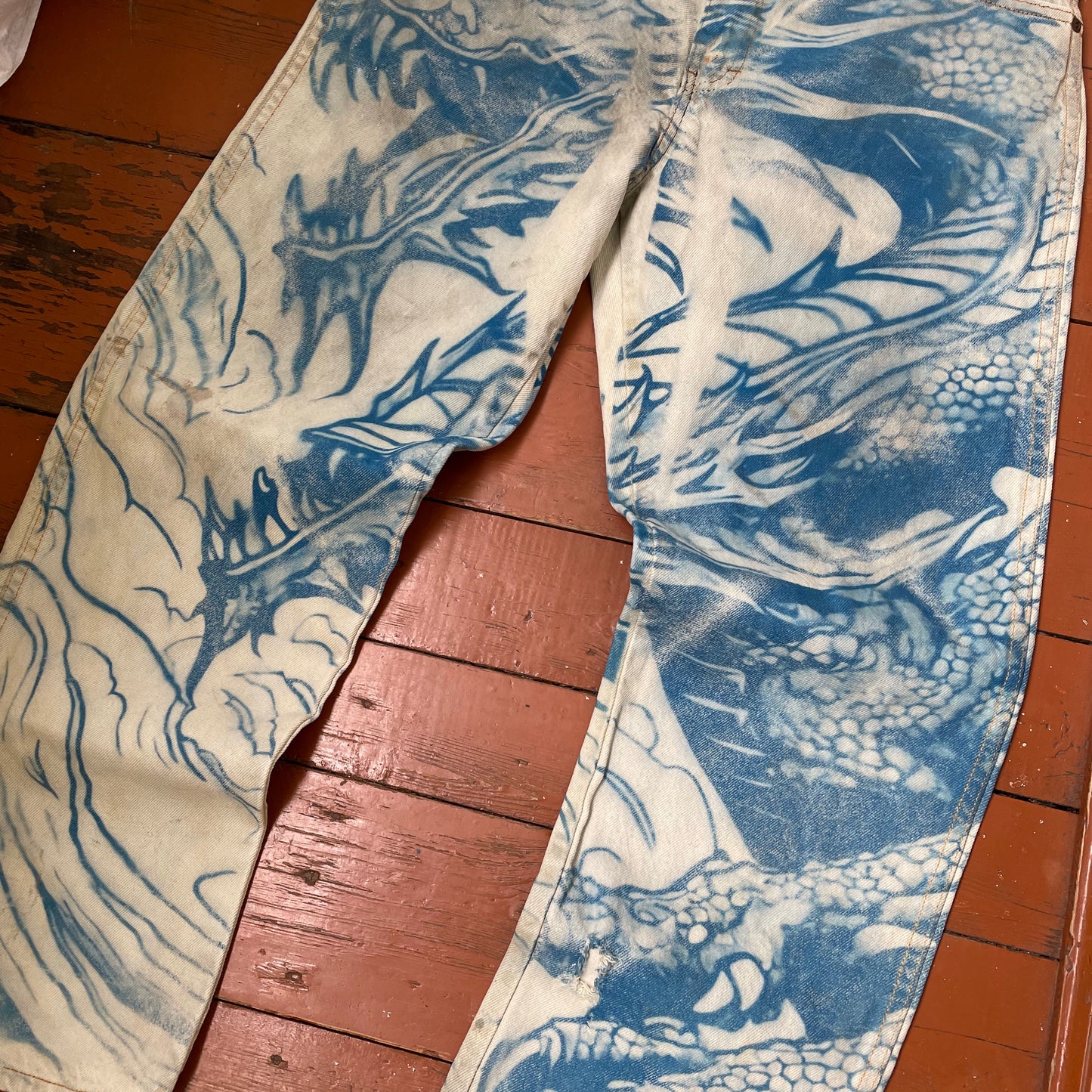 Custom Dickies Dragon Jeans – Hand-Faded Blue Japanese-Style Art | Vintage Workwear 1 of 1