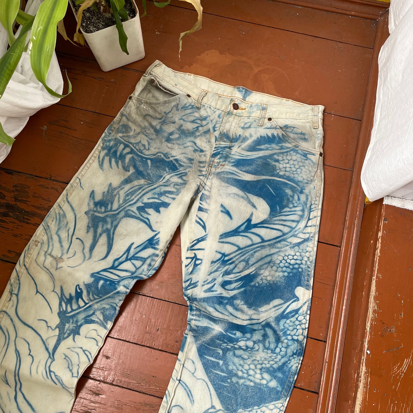 Custom Dickies Dragon Jeans – Hand-Faded Blue Japanese-Style Art | Vintage Workwear 1 of 1