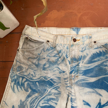 Custom Dickies Dragon Jeans – Hand-Faded Blue Japanese-Style Art | Vintage Workwear 1 of 1