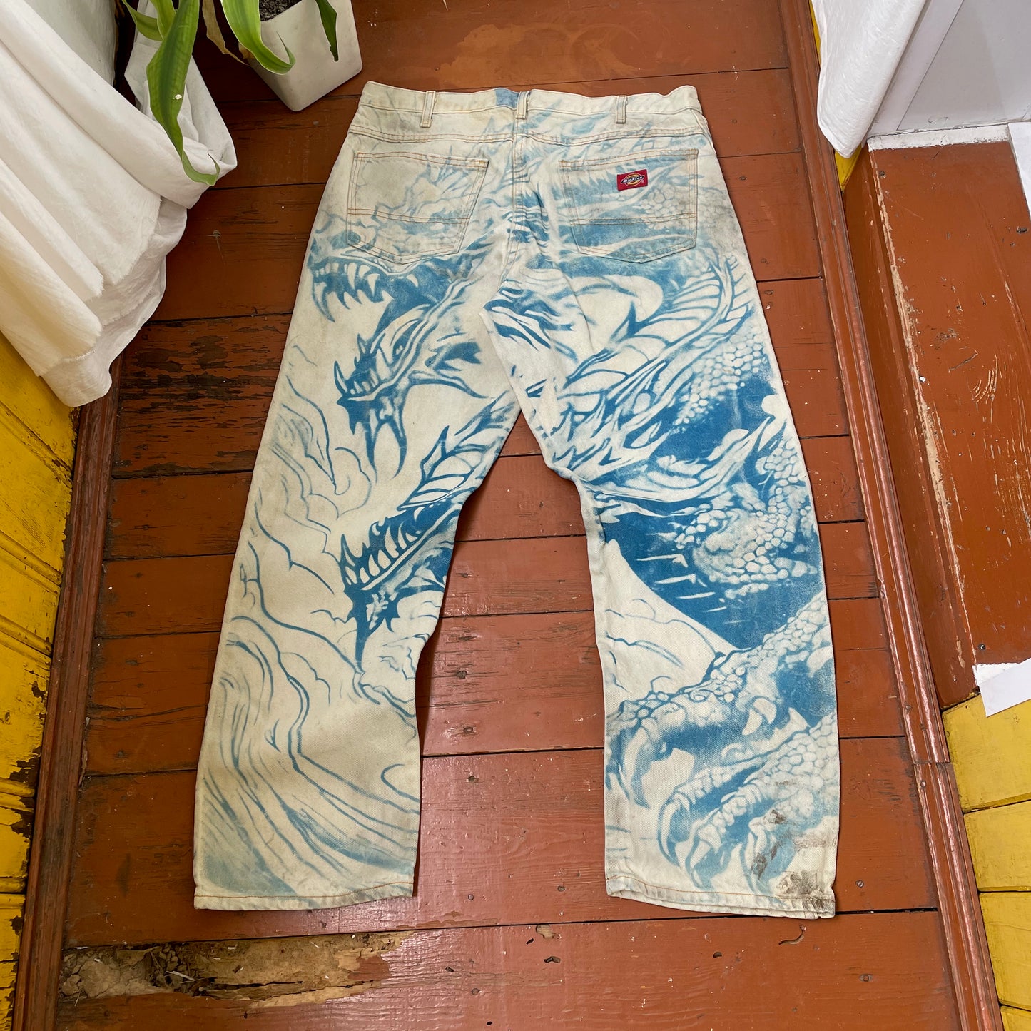 Custom Dickies Dragon Jeans – Hand-Faded Blue Japanese-Style Art | Vintage Workwear 1 of 1