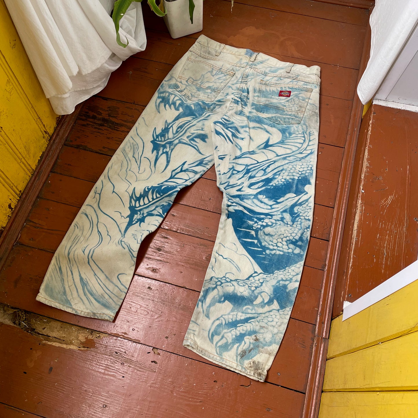 Custom Dickies Dragon Jeans – Hand-Faded Blue Japanese-Style Art | Vintage Workwear 1 of 1