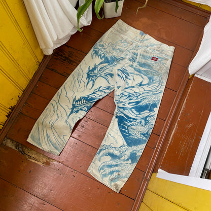 Custom Dickies Dragon Jeans – Hand-Faded Blue Japanese-Style Art | Vintage Workwear 1 of 1