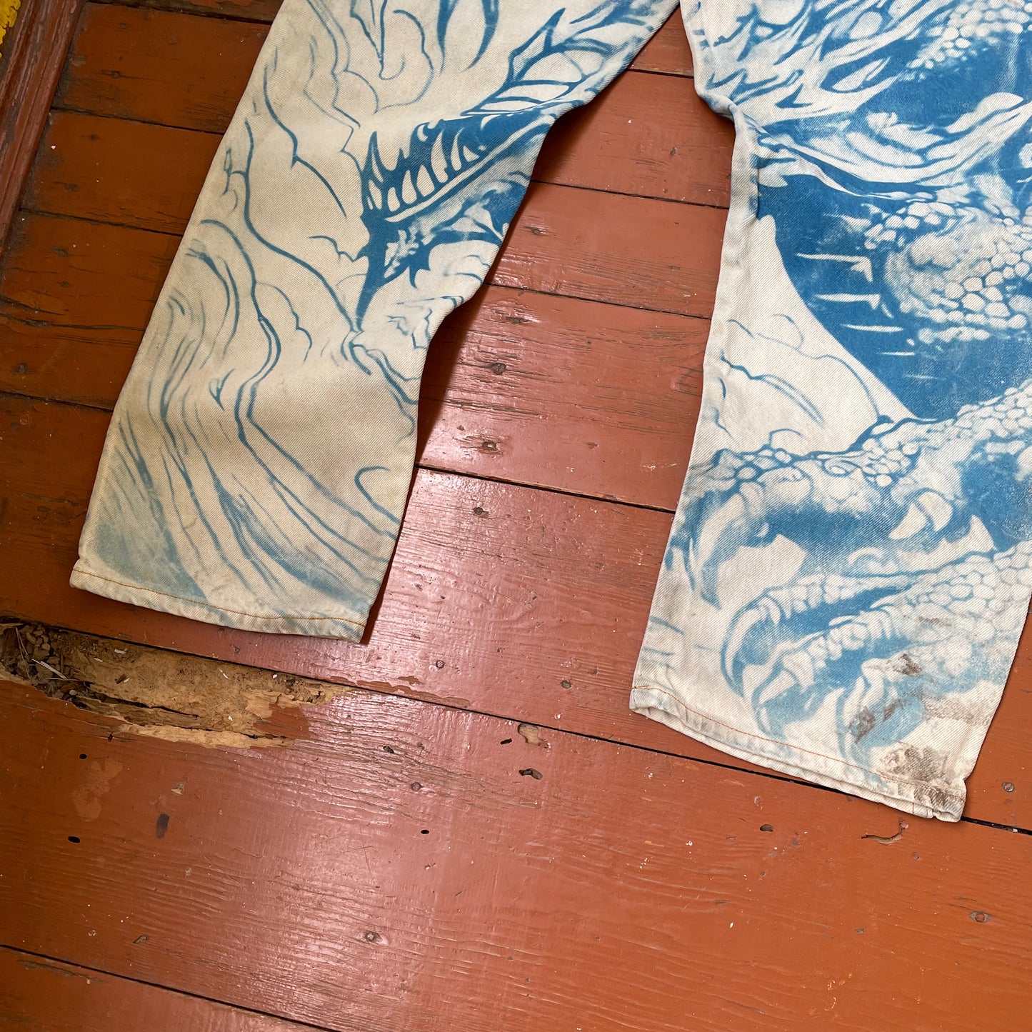 Custom Dickies Dragon Jeans – Hand-Faded Blue Japanese-Style Art | Vintage Workwear 1 of 1