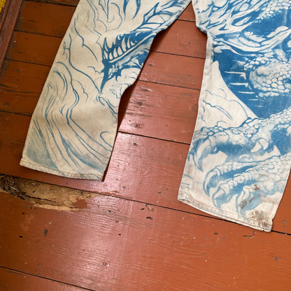 Custom Dickies Dragon Jeans – Hand-Faded Blue Japanese-Style Art | Vintage Workwear 1 of 1