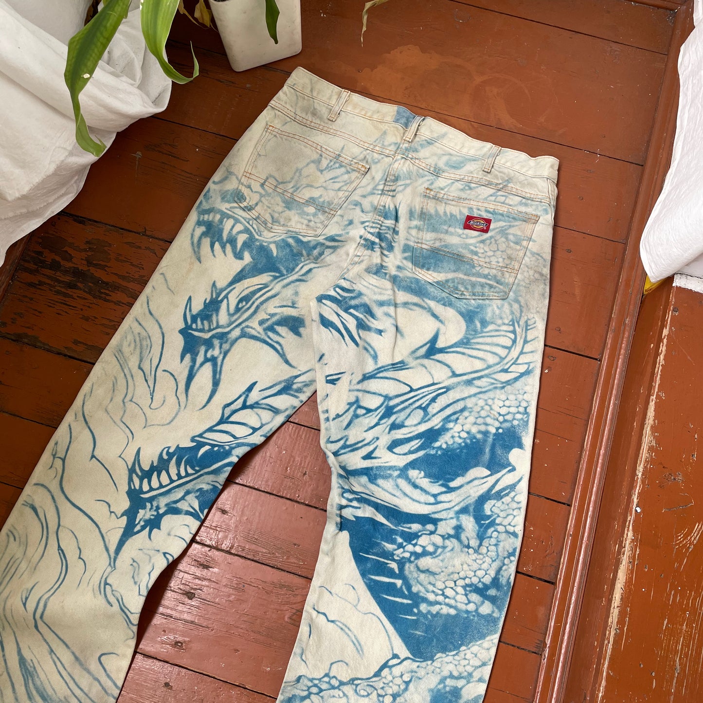 Custom Dickies Dragon Jeans – Hand-Faded Blue Japanese-Style Art | Vintage Workwear 1 of 1