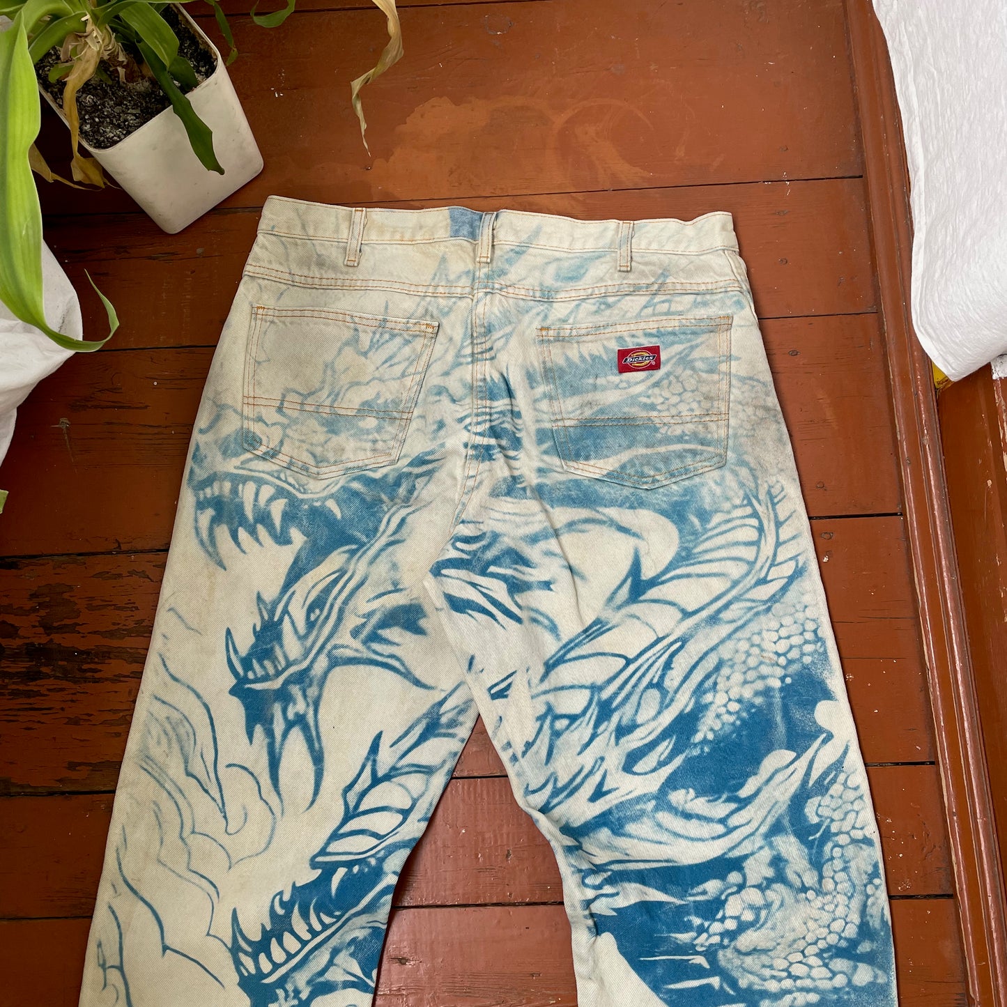 Custom Dickies Dragon Jeans – Hand-Faded Blue Japanese-Style Art | Vintage Workwear 1 of 1