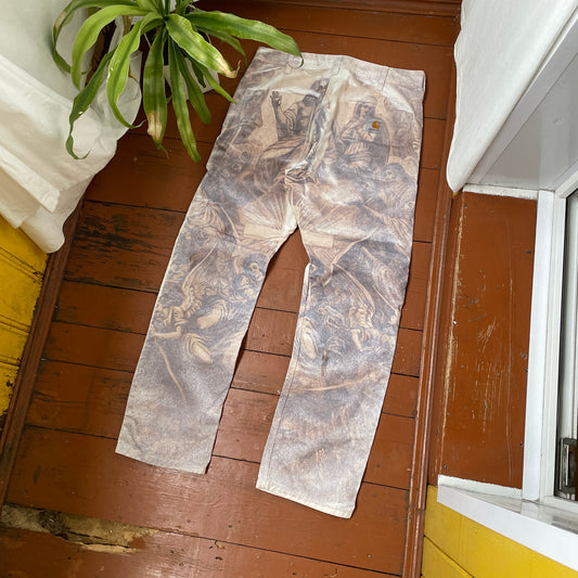 Custom Carhartt Classical Art Print Pants – Beige/Khaki with Detailed Artwork | 1 of 1 Reworked
