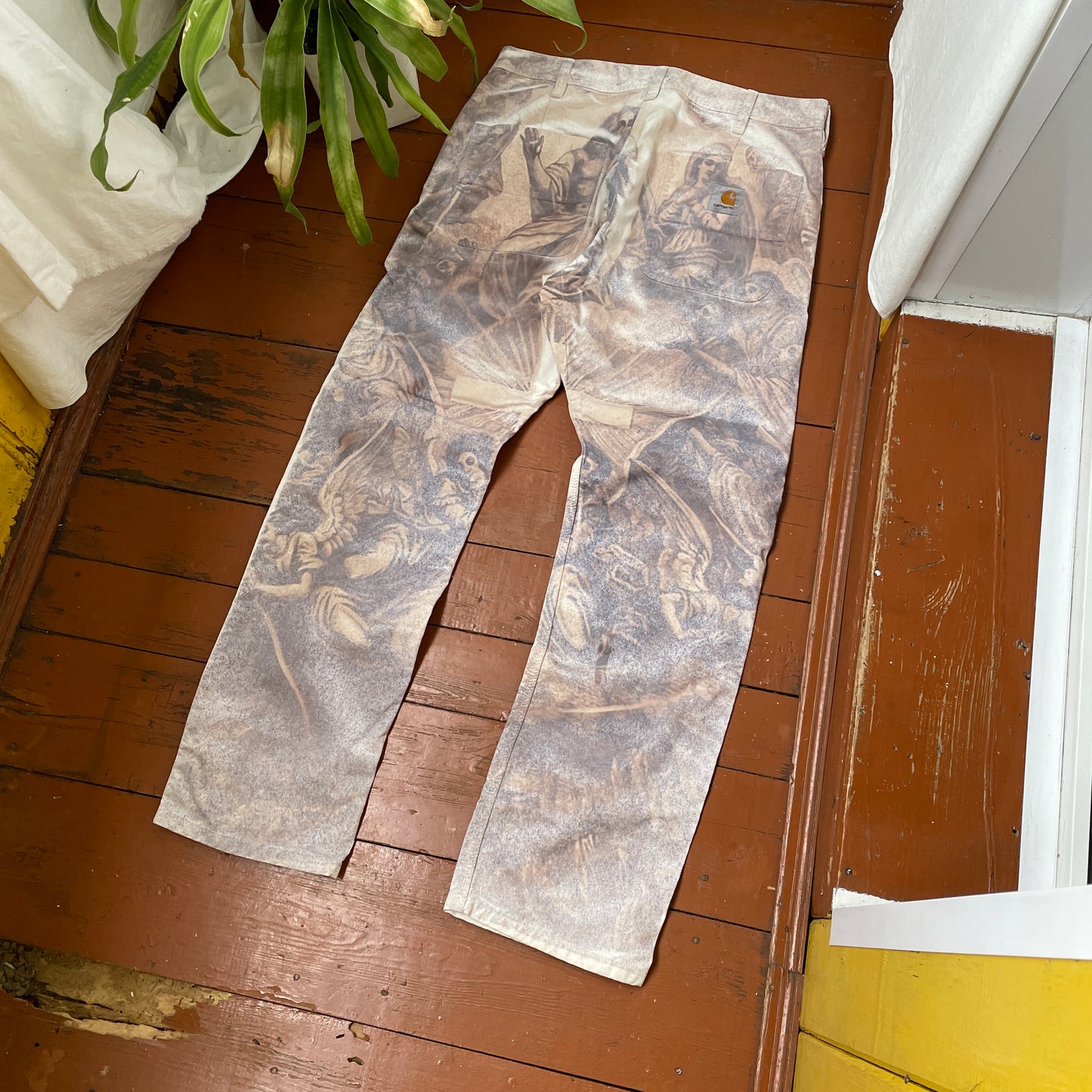 Custom Carhartt Classical Art Print Pants – Beige/Khaki with Detailed Artwork | 1 of 1 Reworked