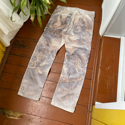 Custom Carhartt Classical Art Print Pants – Beige/Khaki with Detailed Artwork | 1 of 1 Reworked