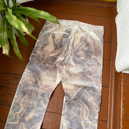 Custom Carhartt Classical Art Print Pants – Beige/Khaki with Detailed Artwork | 1 of 1 Reworked