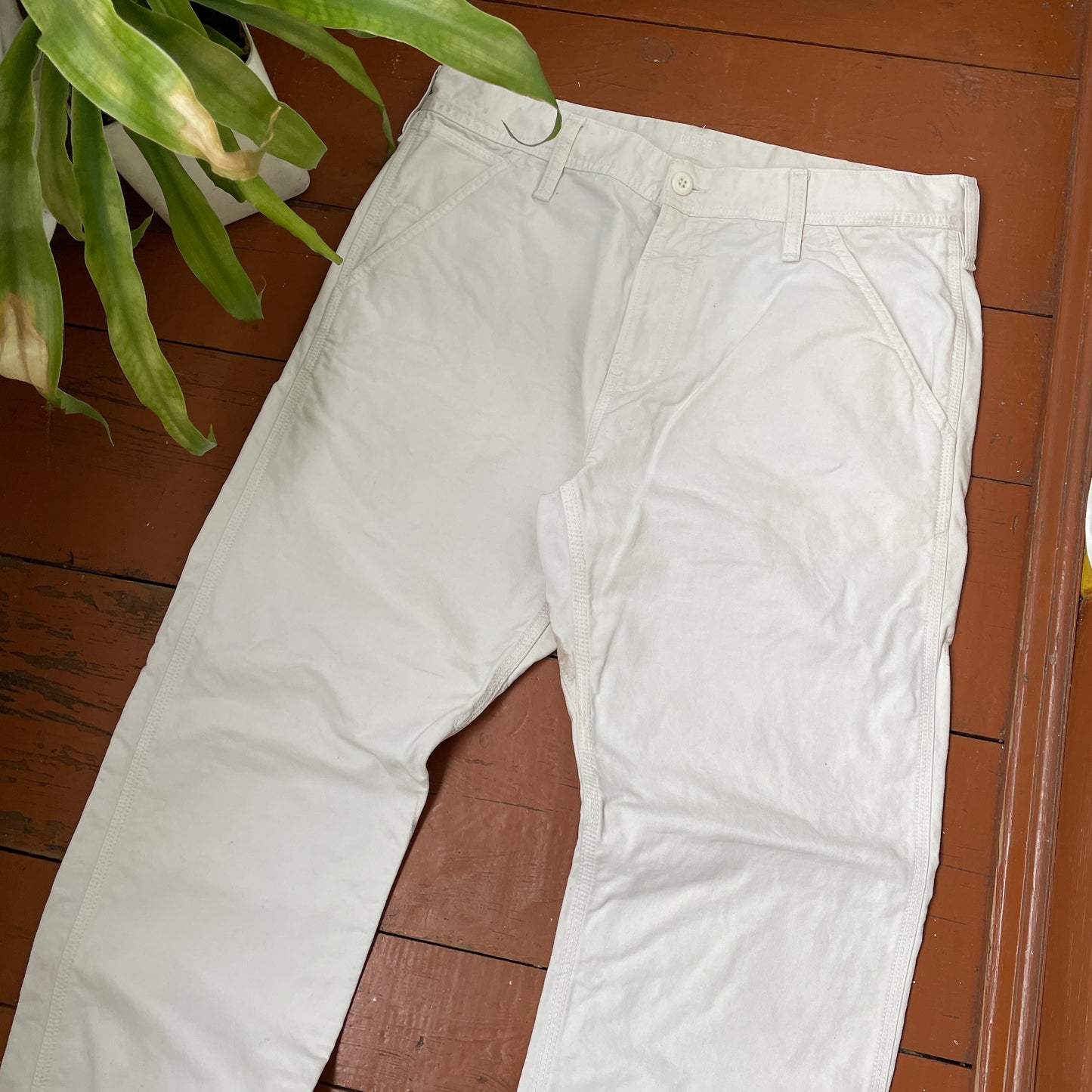 Custom Carhartt Classical Art Print Pants – Beige/Khaki with Detailed Artwork | 1 of 1 Reworked