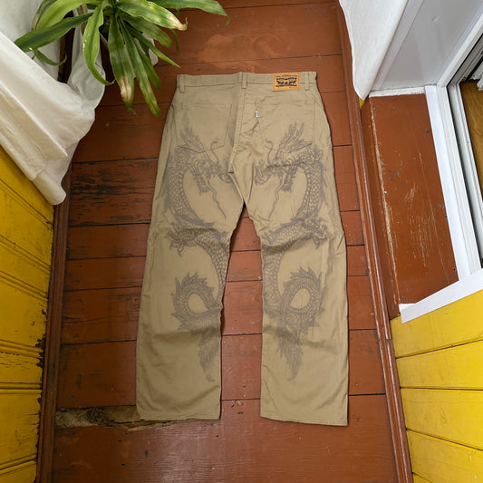 Custom Levi’s Dragon Print Jeans – Beige/Khaki with Bold Artwork | 1 of 1 Reworked Denim