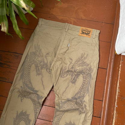 Custom Levi’s Dragon Print Jeans – Beige/Khaki with Bold Artwork | 1 of 1 Reworked Denim