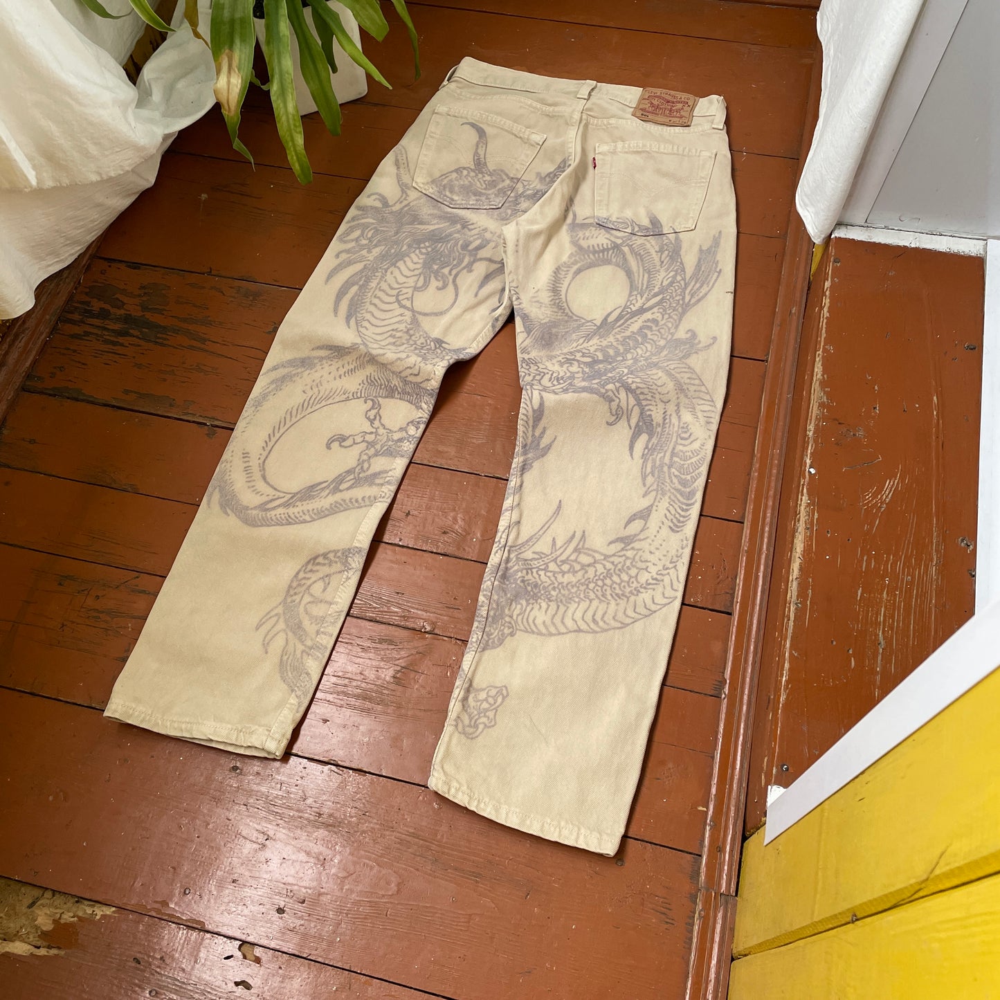 Custom Levi’s Dragon Print Jeans – Beige/Khaki with Bold Artwork | 1 of 1 Reworked Denim