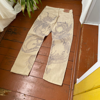 Custom Levi’s Dragon Print Jeans – Beige/Khaki with Bold Artwork | 1 of 1 Reworked Denim