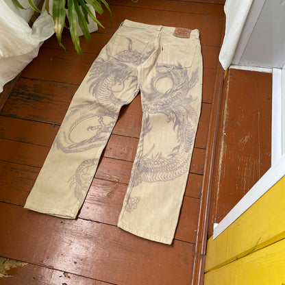 Custom Levi’s Dragon Print Jeans – Beige/Khaki with Bold Artwork | 1 of 1 Reworked Denim