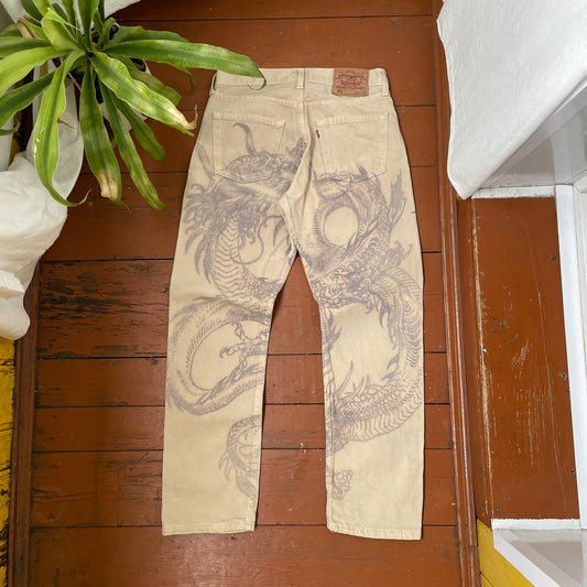 Custom Levi’s Dragon Print Jeans – Beige/Khaki with Bold Artwork | 1 of 1 Reworked Denim