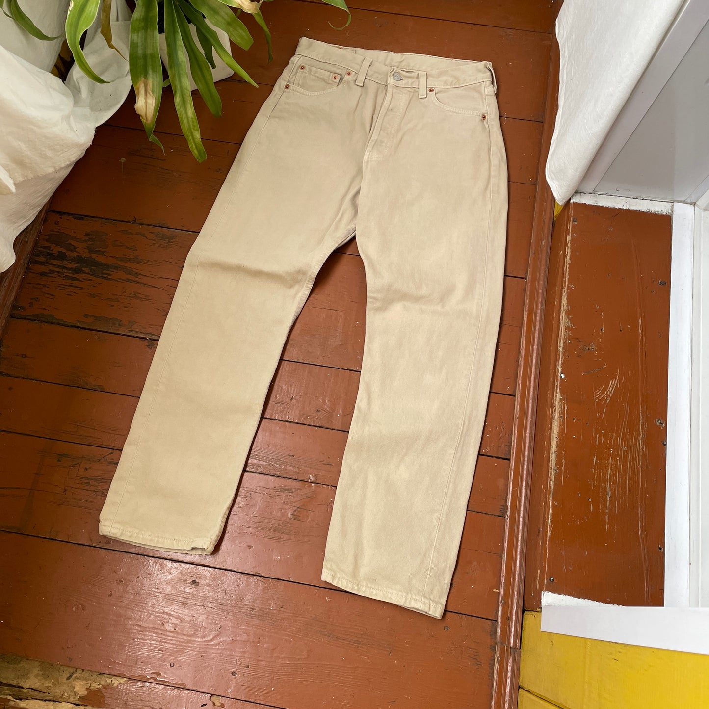 Custom Levi’s Dragon Print Jeans – Beige/Khaki with Bold Artwork | 1 of 1 Reworked Denim