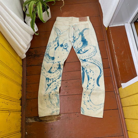 Custom Levi’s Octopus Jeans – Hand-Faded Blue Octopus Art | Vintage Denim 1 of 1