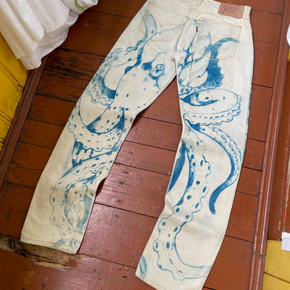 Custom Levi’s Octopus Jeans – Hand-Faded Blue Octopus Art | Vintage Denim 1 of 1