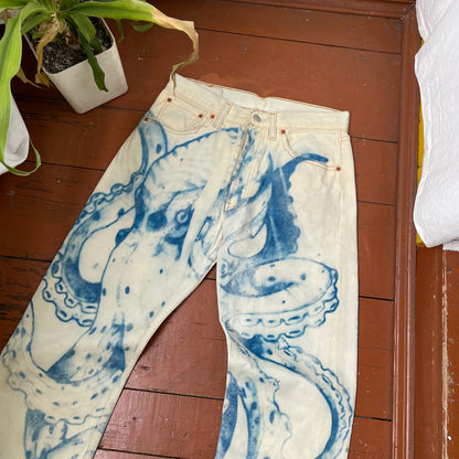 Custom Levi’s Octopus Jeans – Hand-Faded Blue Octopus Art | Vintage Denim 1 of 1