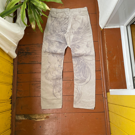 Custom Levi’s Corduroy Phoenix Pants – Beige Washed Cords with Giant Phoenix Art | 1 of 1
