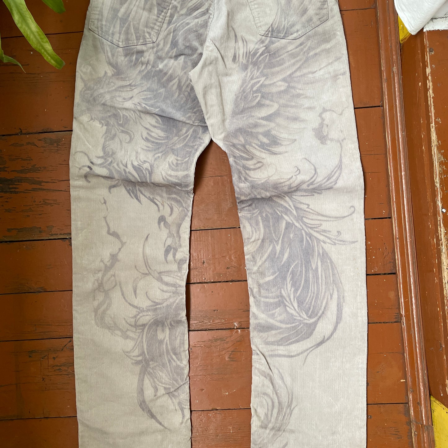 Custom Levi’s Corduroy Phoenix Pants – Beige Washed Cords with Giant Phoenix Art | 1 of 1