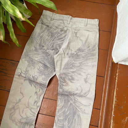 Custom Levi’s Corduroy Phoenix Pants – Beige Washed Cords with Giant Phoenix Art | 1 of 1