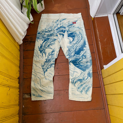 Custom Dickies Dragon Jeans – Hand-Faded Blue Dragon Art | Vintage Workwear 1 of 1