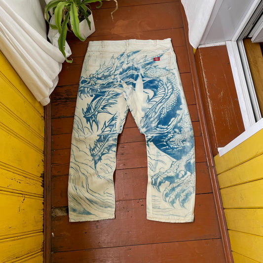 Custom Dickies Dragon Jeans – Hand-Faded Blue Dragon Art | Vintage Workwear 1 of 1