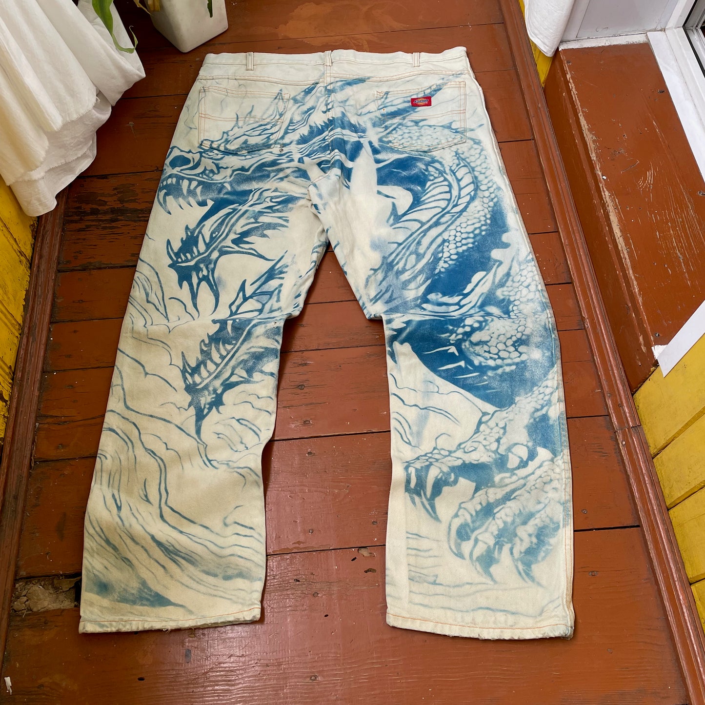Custom Dickies Dragon Jeans – Hand-Faded Blue Dragon Art | Vintage Workwear 1 of 1