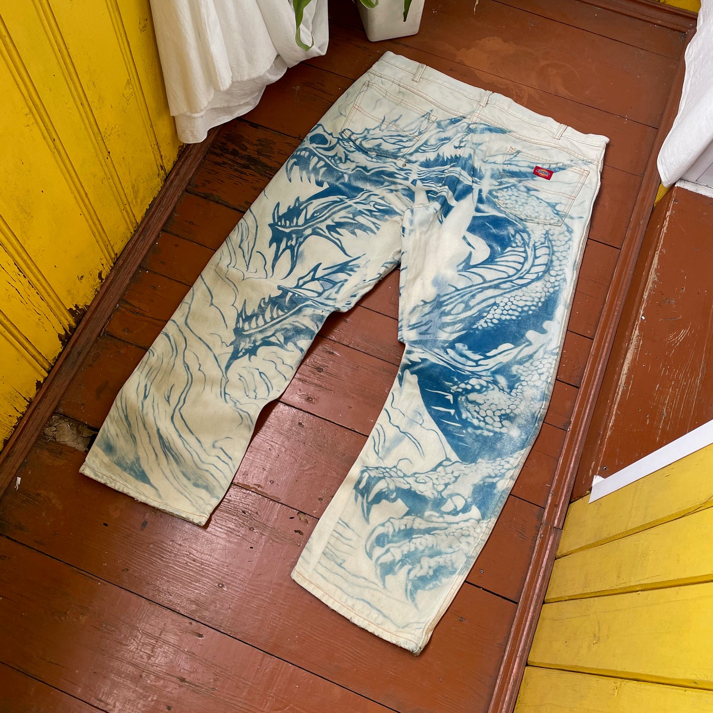 Custom Dickies Dragon Jeans – Hand-Faded Blue Dragon Art | Vintage Workwear 1 of 1