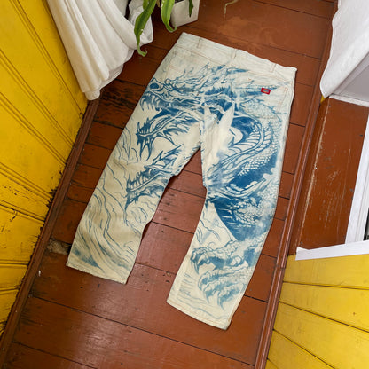 Custom Dickies Dragon Jeans – Hand-Faded Blue Dragon Art | Vintage Workwear 1 of 1